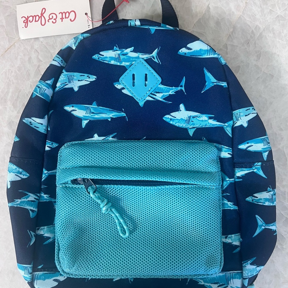 NWT Cat & Jack Kids Shark Print Backpack - Navy & Aqua